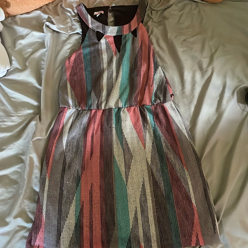 XL Bongo dress, pink, white, grey blue and black